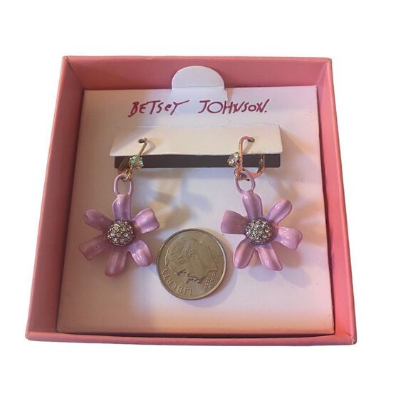 Betsey Johnson Pink Flower Drop Earrings w/ Pave Crystal Center. - Picture 7 of 7